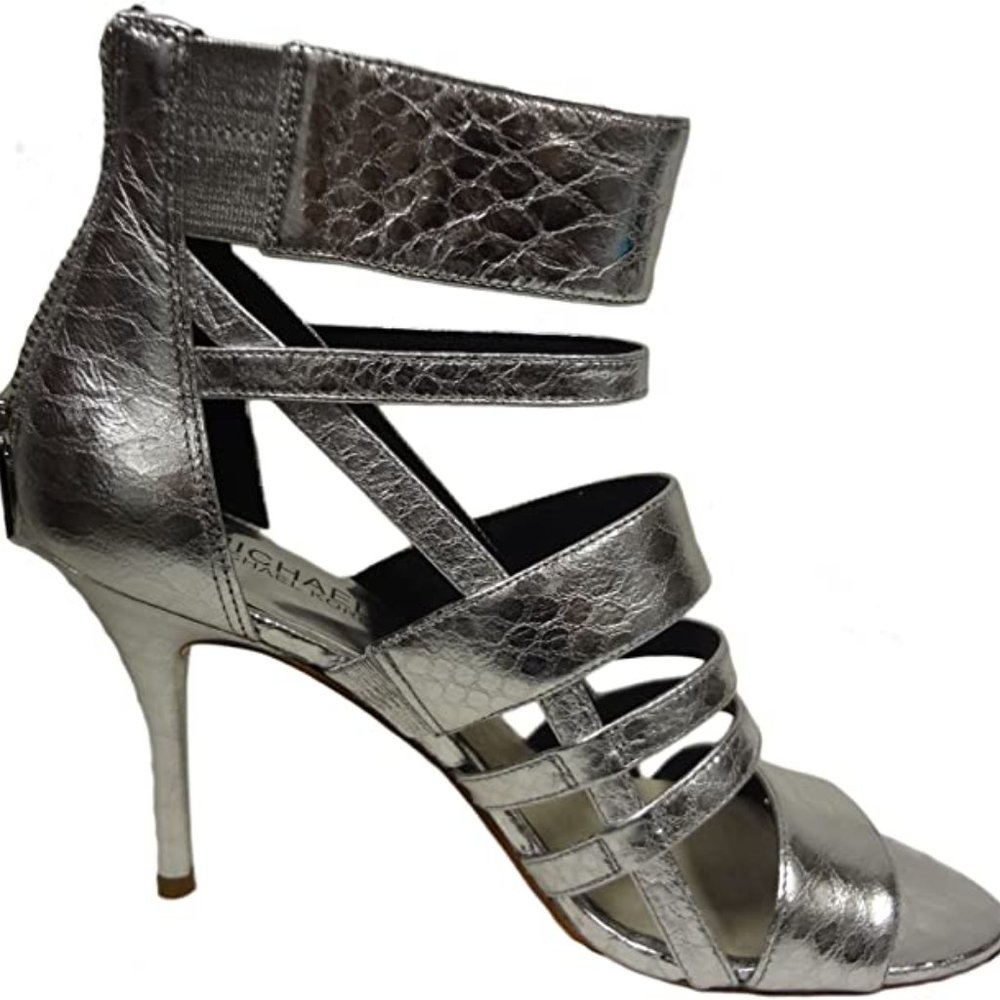 MICHAEL KORS Shiloh Open Toe Metallic Embossed Leather, Silver - Picture 2 of 5
